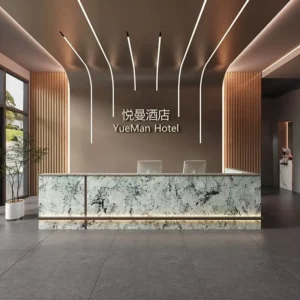 Minimalist modern corporate marble reception desk, hotel sales office stainless steel slab light luxury cashier counter