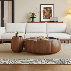 Vintage-style marble coffee table, wabi-sabi style, home use, irregularly shaped solid wood storage living room, designer petal side table combination.