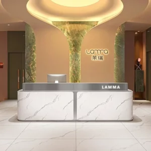 Minimalist modern corporate marble reception desk, hotel sales office stainless steel slab light luxury cashier counter