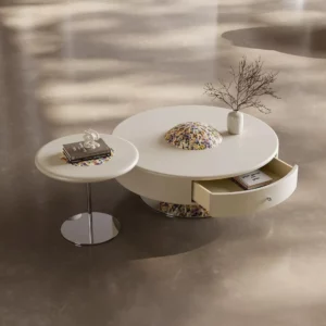 Italian minimalist living room storage, large and small round coffee table in a creamy style for home use
