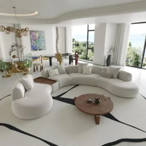 Semi-circular, irregularly shaped sofa seating area for reception, suitable for hotel lobbies, beauty salons, offices, and business meeting areas